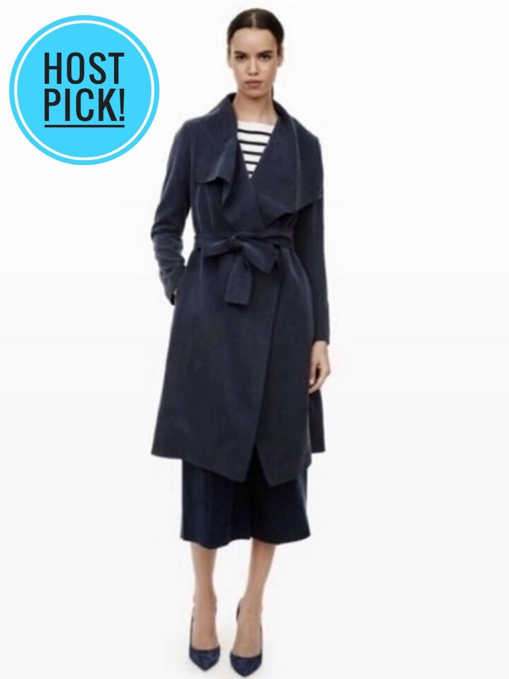 Club Monaco Navy Draped Trench Coat with Tie Belt